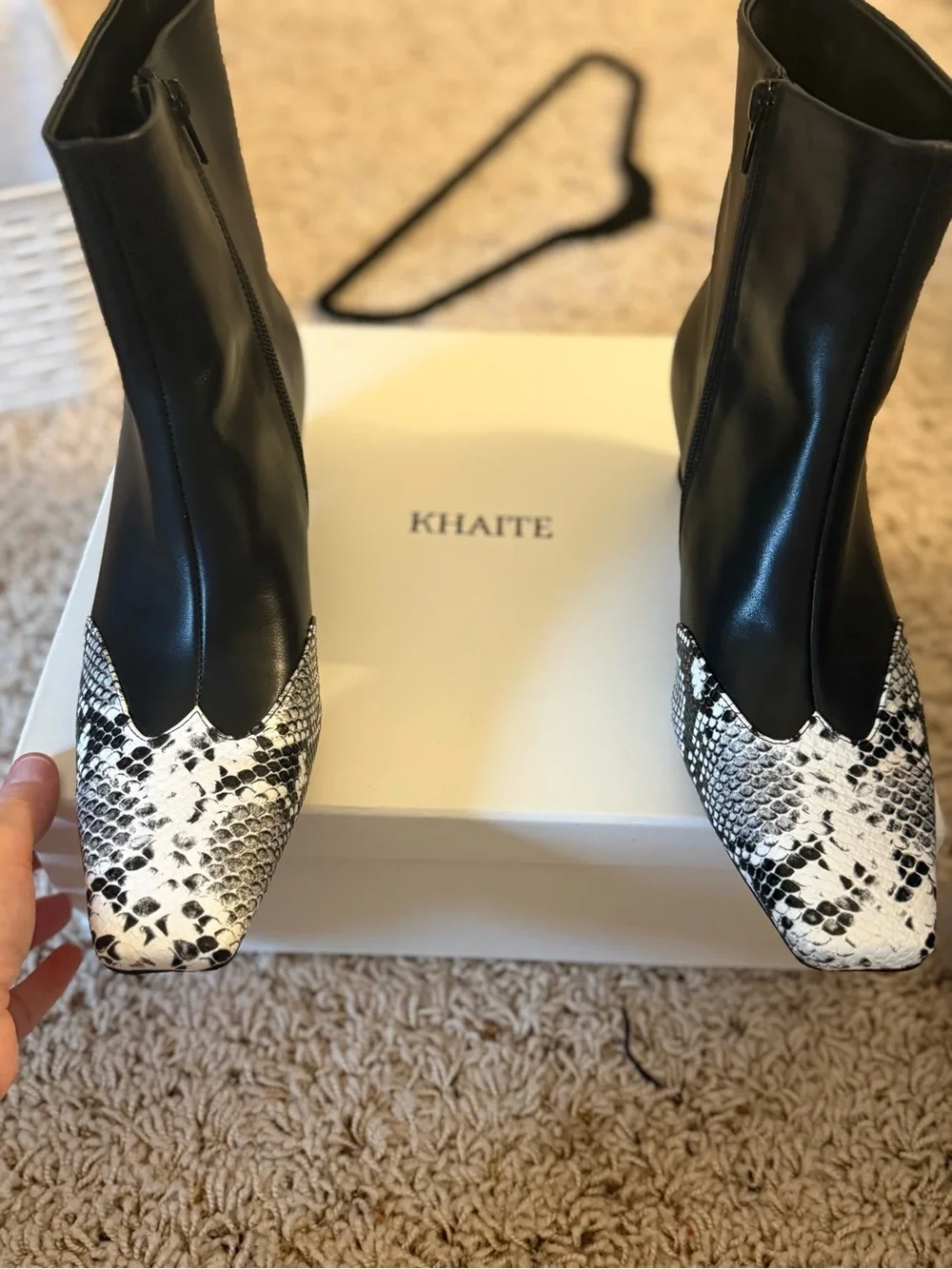 Designer Ankle Boots with Black-and-White Snake-Print Toe US 8